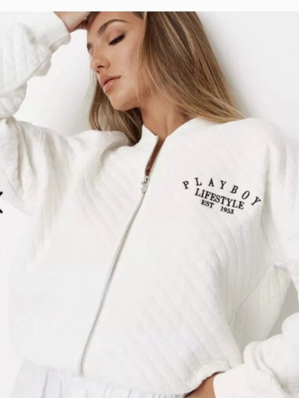 Playboy x Missguided white quilted bomber jacket